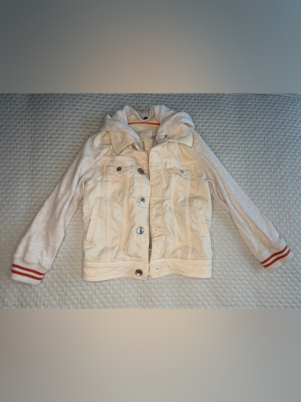 Brunello Cucinelli Kids’ Cream Hooded Denim Jacket with Silver Hardware